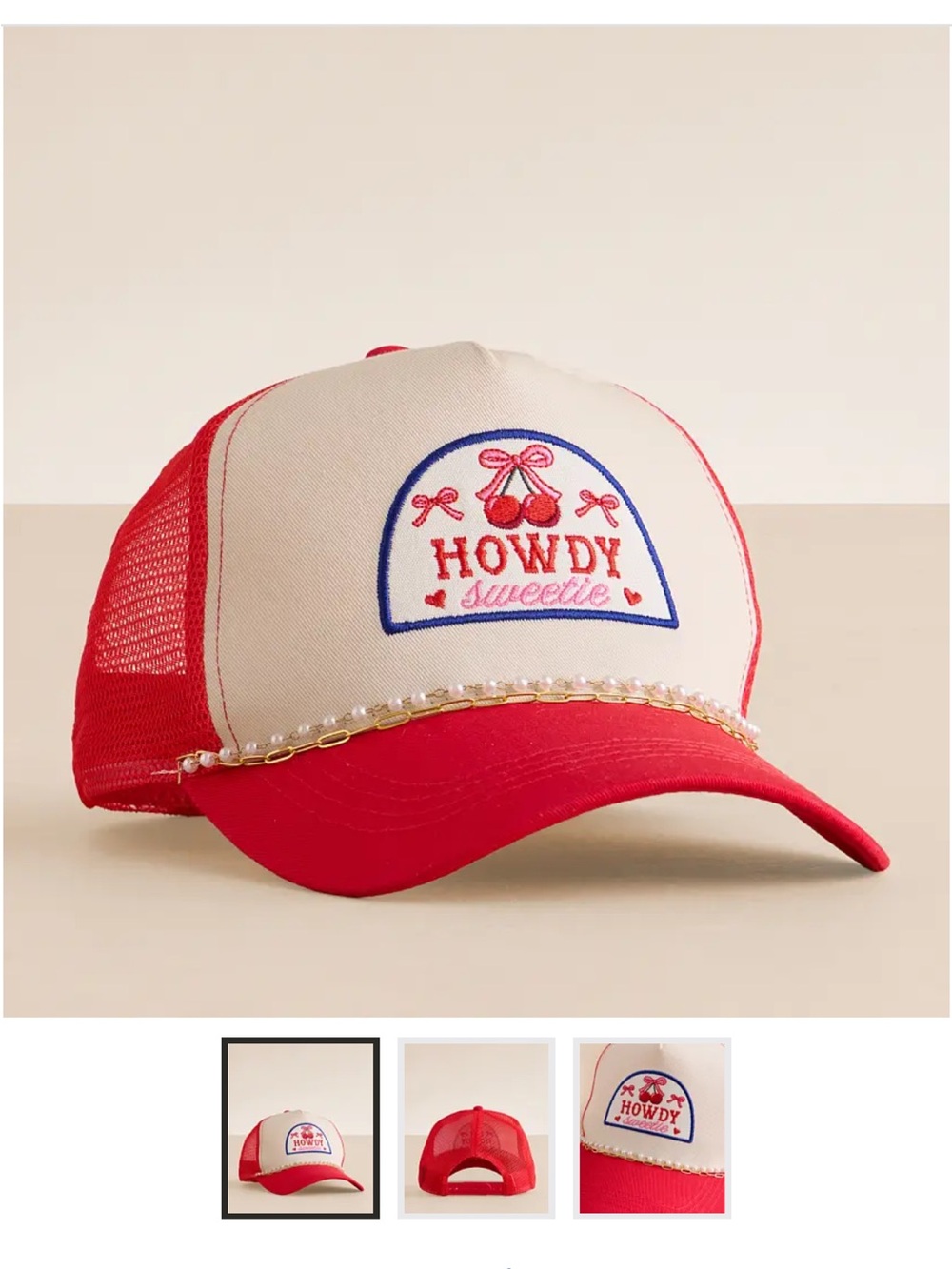 David Young Buckle Red and Cream Trucker Hat with Embroidered  'Howdy Sweetie'